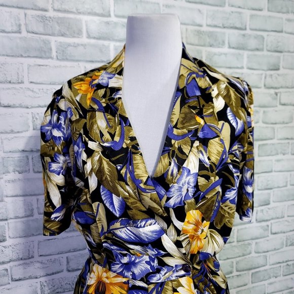 Vintage 80s 90s Cimmaron Dress M Bright Floral Wrap Shirt Dress Spring Garden - Picture 2 of 10